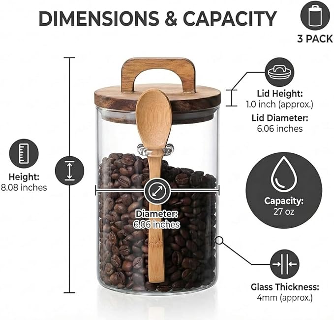 Glass Food Storage Canisters with Airtight Bamboo Lids, Set of 3 Clear Glass Jars with Spoons, 24oz Stackable Kitchen Containers for Coffee, Tea, Sugar, Flour & Pantry Organization