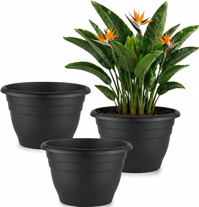 RooTrimmer 3 Pack 11 Inch Plant Pots for Indoor Outdoor,Plastic Floor Planters with Drainage Holes,Lightweight Durable Flower Pots for Home,Patio & Garden(Black)