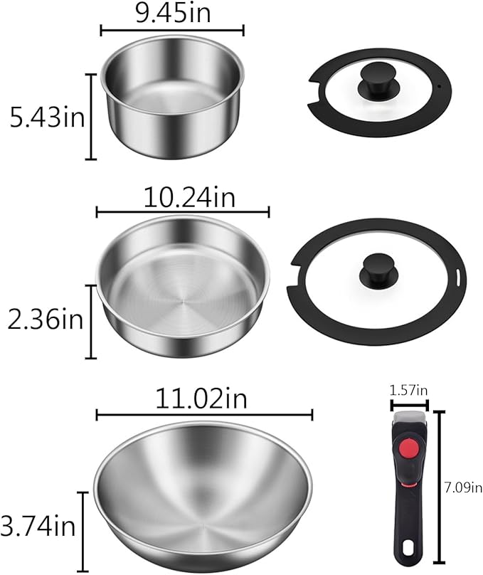 Stainless Steel Non-stick Cookware Set, 6-piece Induction Pots & Pans With Detachable Handles, Dishwasher & Oven Safe, Perfect For Kitchen & Camping 6pcs