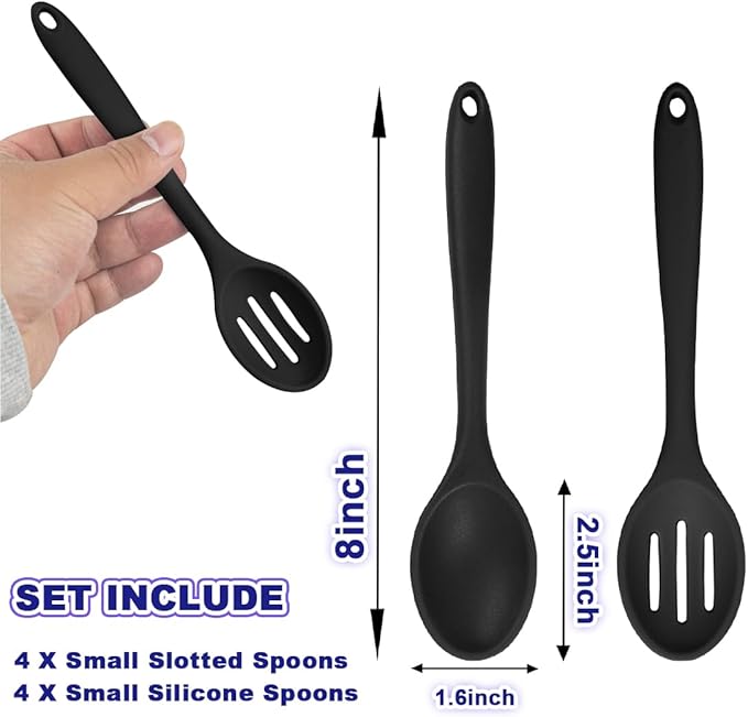 8 Pcs Heat Resistant Non Stick Silicone Serving Spoons Set -Ideal for Cooking, Baking, Mixing, Stirring Includes Slotted & Solid Spoons, Design for Nonstick Cookware (Black)