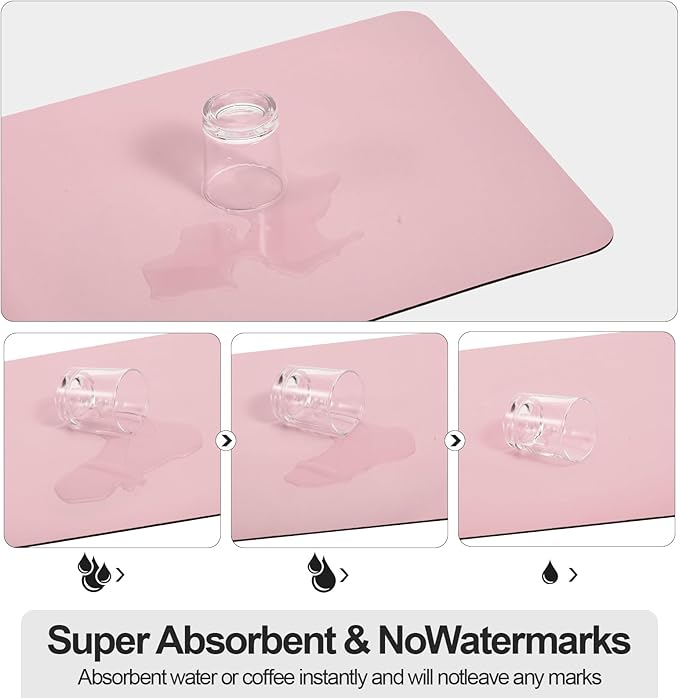 Ecotrim Absorbent Coffee Mat , Stain Hiding PU Leather Surface, Non-Slip Natural Rubber Backing, Quick Dry Mat for Espresso Machine, Kitchen Counter ,Pink | 12" x 19"
