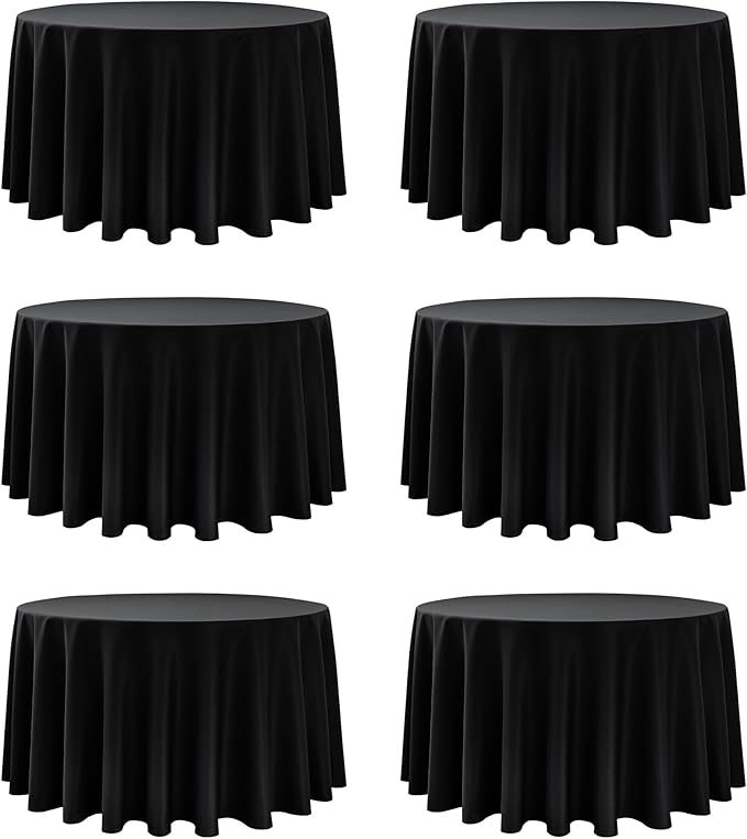 6-Pack Black Round Tablecloths, 108 Inches, Stain-Resistant Polyester for 4-5 Ft Round Tables - Washable Table Covers for Weddings, Banquets, Birthday Parties, Events