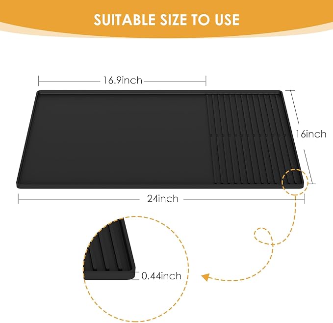 Silicone Coffee Mat with Raised Edges, , 24'' x 16'', Bar Mat for Countertops, Bar Accessories, Coffee Maker Mat, Espresso Machine, Dish Drying Mat (BLACK)