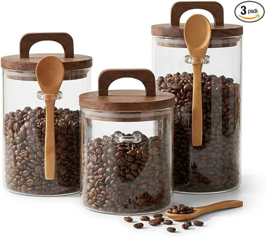 Glass Food Storage Canisters with Airtight Bamboo Lids, Set of 3 Clear Glass Jars with Spoons, 27oz Stackable Kitchen Containers for Coffee, Tea, Sugar, Flour & Pantry Organization