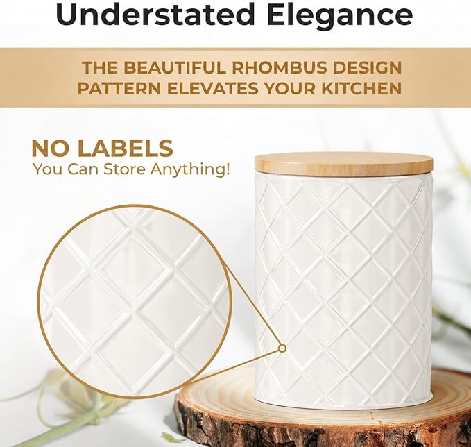 Pebble & Stem® Cream Metal Canister Set for the Kitchen Counter, Food Canister Set of 4, Airtight Lids, Sugar and Flour Containers for Countertops, Coffee and Tea Storage, Farmhouse Decor
