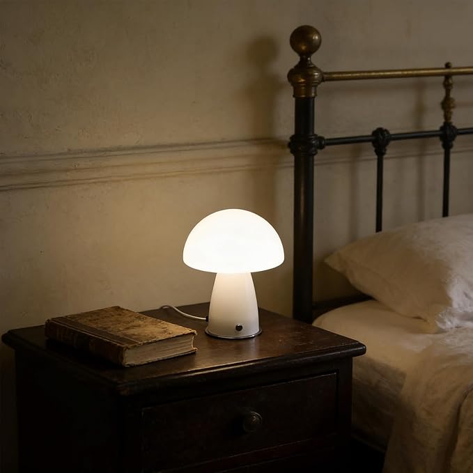 White Small Mushroom Lamp,3000K Warm Ambient Lighting Bedroom,Small Bauhaus Lamps for Nightstand,Mid Century Modern Table Lamp for Living Room Study Room Office