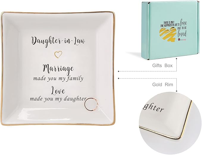 HOME SMILE Mother's Day Wedding Valentine Gifts for Daughter In Law From Mother In Law,Ceramic Ring Dish jewelry Tray,-Marriage Made You My Family,Love Made You My Daughter
