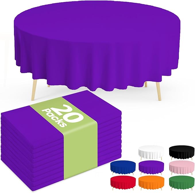 Pureegg Plastic Table Cloth Disposable 20 Pack, 84'' Round Table Cloths, Graduation Decorations Class of 2025, Graduation Party Tablecloths, Round, Plastic Cover, Leakproof & Sturdy, Purple