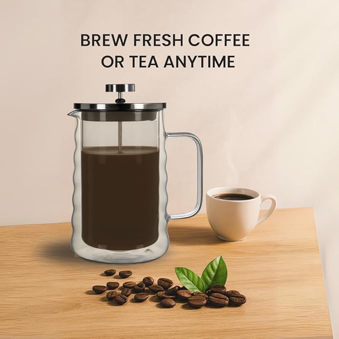French Press Coffee Maker Double-Wall Borosilicate Glass | Wavy Manual Brewer with Stainless Steel Mesh Filter for Hot & Cold Coffee or Tea (34oz / 1000ml - Wavy Design)