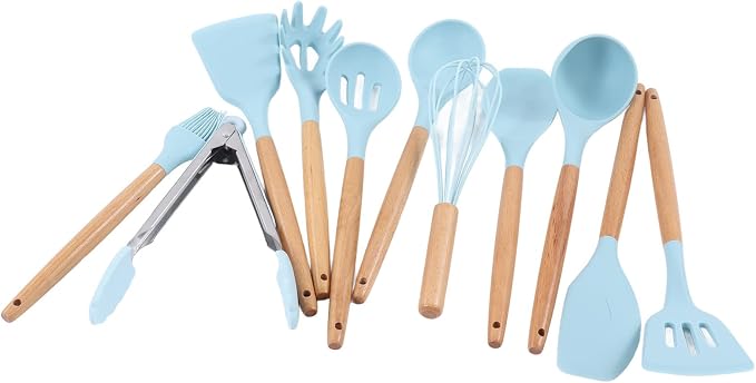 12PCS Kitchen Utensil Set, Non Stick Cooking Utensils with Wooden Handle, Silicone Kitchenware for Cooking Baking and Frying, Includes 12 Essential Tools for Home Restaurant and Pa
