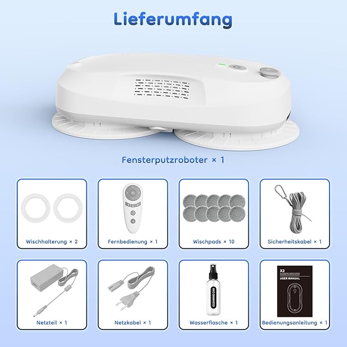 2026 Updated X2 Window Cleaning Robot - Enhanced Battery, Max 3200Pa, Path Planning, Anti-Slipping, Edge Detection, Window Cleaner Robot for High-Rise Windows, White (2 pairs of nozzles, 10 cloths)