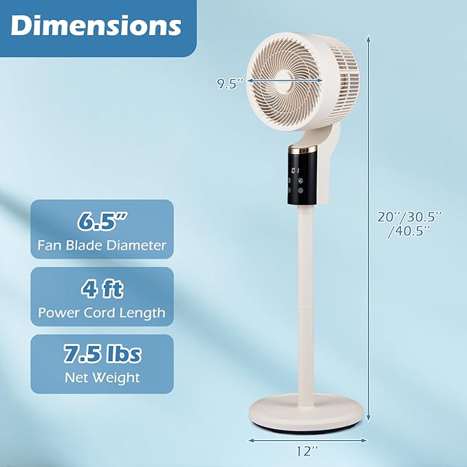 COSTWAY Pedestal Fan for Bedroom, Compact Oscillating Standing Fan with 70° Oscillation, 90° Tilt, 3 Adjustable Heights, 8 Speeds, 12H Timer & Remote, Quiet Table Fan for Home Office (White)
