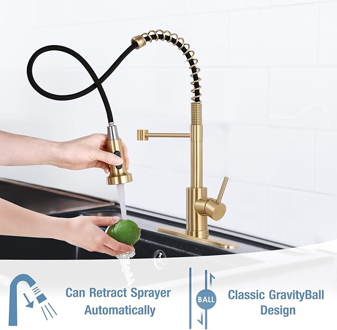 DJS Kitchen Faucets with Pull Down Sprayer Brushed Gold -Single Handle 1 or 3 Holes Spring Kitchen Sink Faucet with Deck Plate for Farmhouse RV Vessel Basin