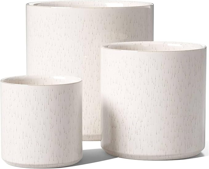 LE TAUCI 10+8+6 Inch Ceramic Pots for Plants, Indoor Planters with Drainage Hole and Plug, Modern Cylinder Flower Pots Set of 3 for Living Room and Bedroom, Glossy, Linen Birch