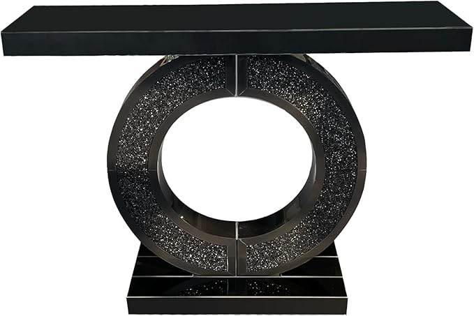 SSLine Black Mirrored Console Table for Living Room 43" Modern Mirror Entryway Table with Crystal O-Shape Base Luxury Blakc Glass Sofa Console Tables for Entryway Hallway