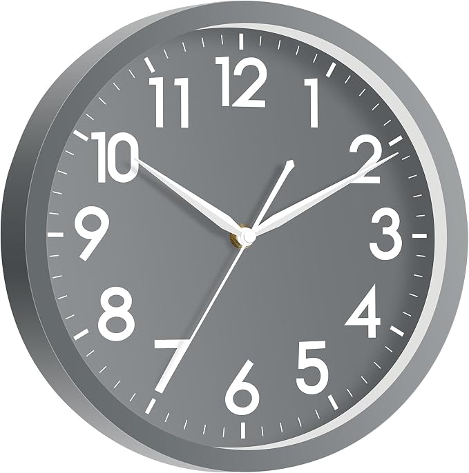 AKCISOT 10 Inch Wall Clock, Battery Operated Analog Clock, Silent Non-Ticking, Ideal for Bedroom, Bathroom, Kitchen, Office and School, Gray