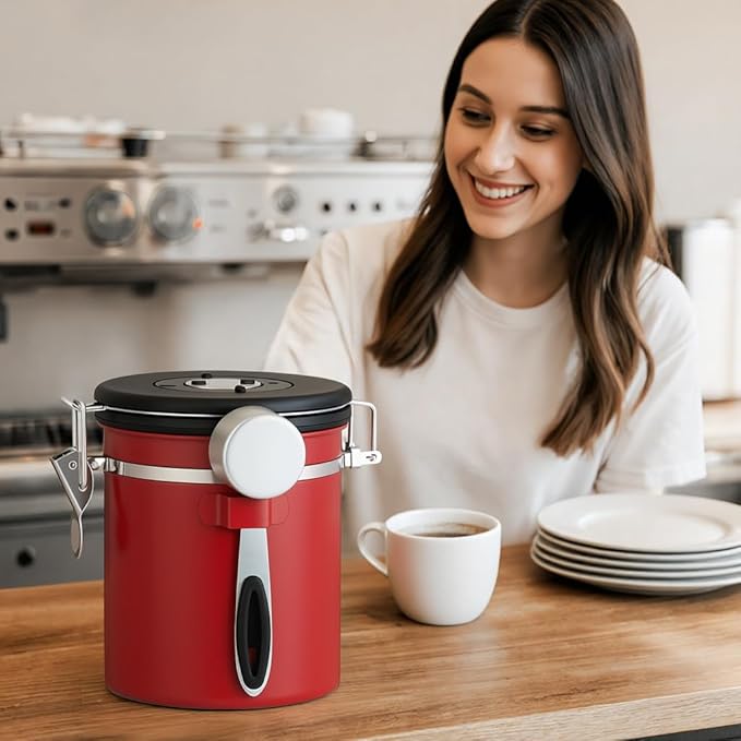 ShanSon Coffee Canister Airtight Coffee Container Stainless Steel Coffee Bean Storage Container with Scoop Coffee Canister for Beans Grounds Sugar Flour Tea Cereal,22OZ,Red
