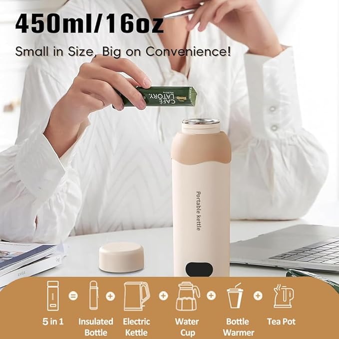Travel Electric Tea Kettle 316 Stainless Steel, Small Portable Hot Water Kettle with 6 Temperature Control & Automatic Shut Off, 450mL Cute Tea Pot(USB for Warming)