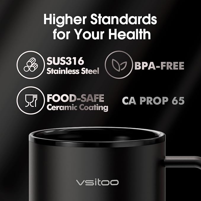 Vsitoo S3 Plus 14oz Self Heating Coffee Mug with Auto-Sensing AI - Smart Rechargeable Heated Mug, Temperature Control 120-150℉, IPX7 Waterproof, Coffee Warmer Gift for Women Men - Black