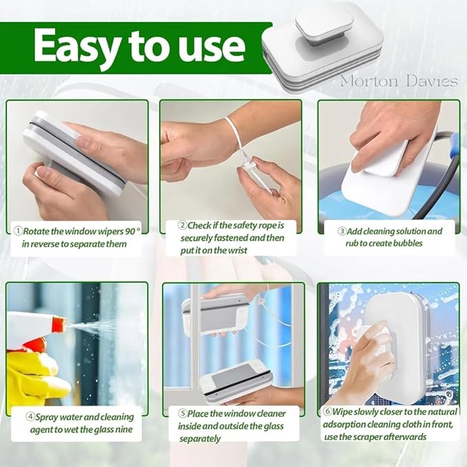 Magnetic Window Glass Cleaner | Doublefaced Glass Cleaner | Double-Side Glazed Two Sided Wiper with 2 Extra Cleaning Cotton Squeegee Washing Equipment Household Magnet (White)