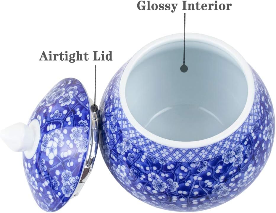 Dahlia Blue and White Porcelain Tea Canister for Loose Tea, Airtight Jingdezhen Tea Caddy, Sakura 850 ML