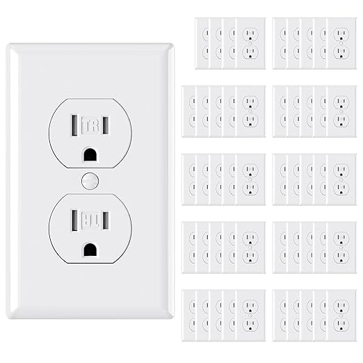 AIDA 50 Pack White Standard Duplex Electrical Wall Receptacle Outlet, 15A 125V, 2 Pole 3 Wire, Tamper Resistant, NEMA 5-15R, Self-Grounding, Wall Plate Included, UL Listed