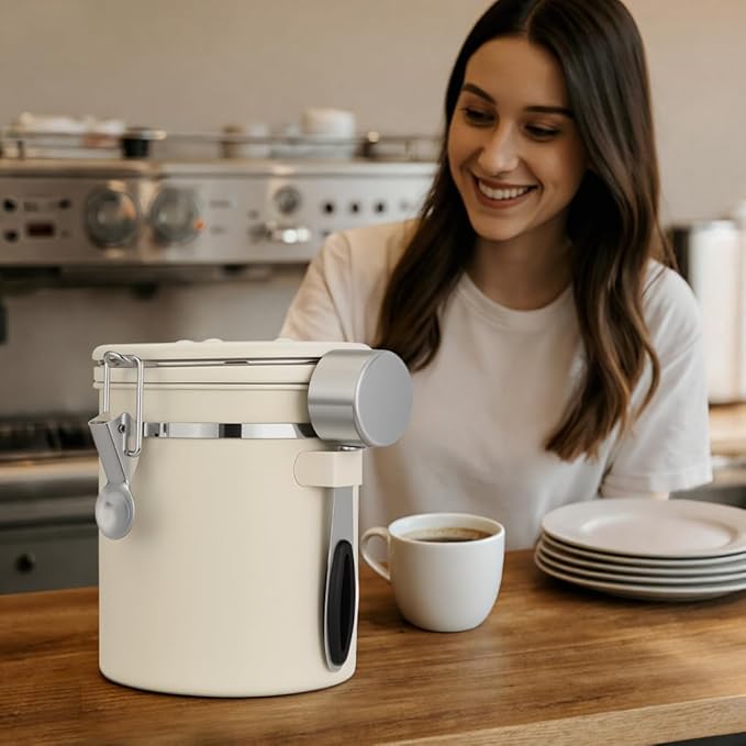 ShanSon Coffee Canister Airtight Coffee Container Stainless Steel Coffee Bean Storage Container with Scoop Coffee Canister for Beans Grounds Sugar Flour Tea Cereal,22OZ,Beige
