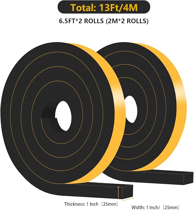 Weather Stripping Door Seal,Weather Stripping,Soundproof,Cold Insulation,High Density CR Foam Insulation Tape for Door, Front Door Frame, Windows,Sliding Door (Black, 1 in x 1 in x 13Ft)