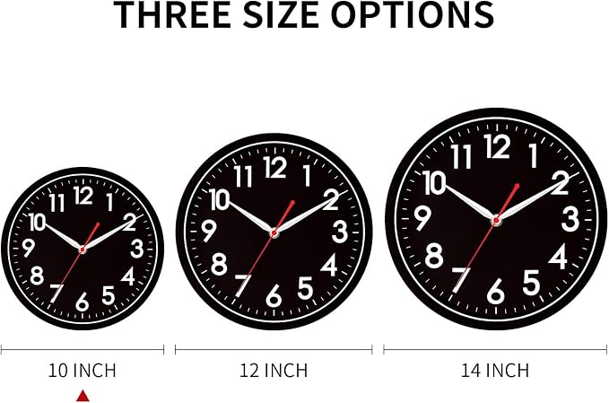 AKCISOT 10 Inch Wall Clock, Battery Operated Analog Clock, Silent Non-Ticking, Ideal for Bedroom, Bathroom, Kitchen, Office and School, Black