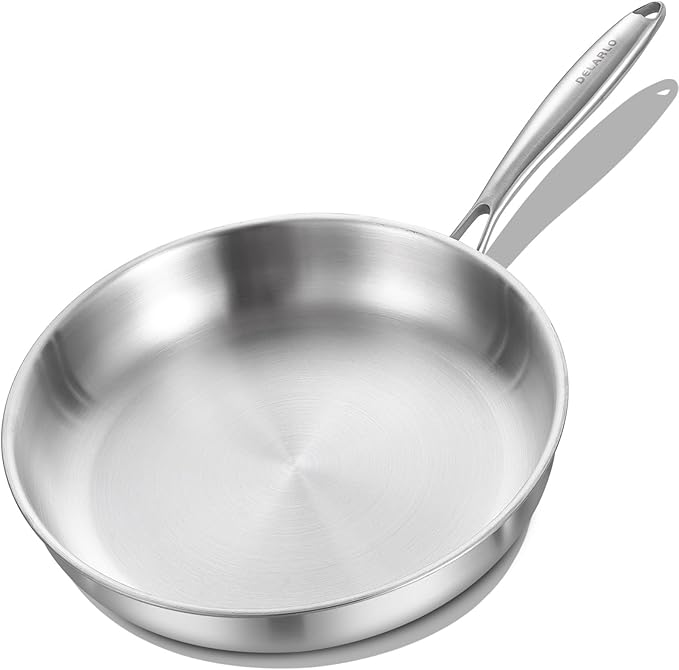 DELARLO Full Clad Tri-Ply Stainless Steel Frying Pan 8 inch | 18/10 Frying pan Heavy Duty Induction Skillet Compatible Up to 600℉ Fast and Even Heat Oven Dishwasher Safe