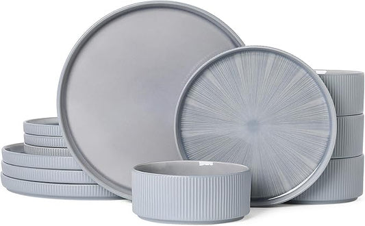 Dinnerware Sets for 4, Ceramic Plates and Bowls Set 12 Piece Dinnerware Chip Resistant Stoneware with Advanced Inkjet Printing Technology, Dishwasher and Microwave Safe-Smoky Blue