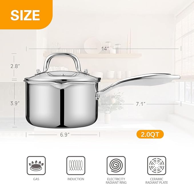 Stainless Steel Saucepan with Glass Lid, 2.0 Quart Multipurpose Sauce Pan with Cover, Sauce Pot Induction Cooking Pot- Easy Pour with Ergonomic Handle