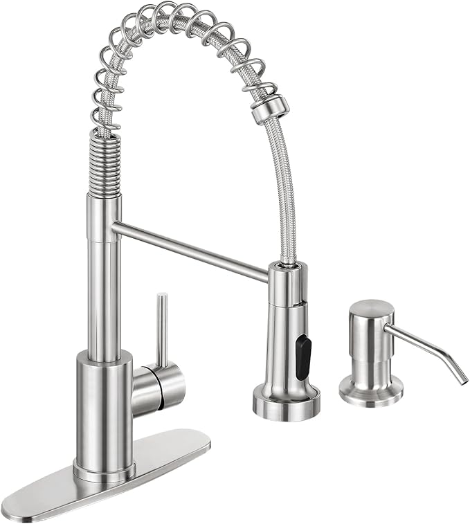 DJS Kitchen Faucets with Soap Dispenser - Dual Mode Setting Single Handle 1 or 3 Holes Commercial Black Kitchen Sink Faucet with Deck Plate for Farmhouse RV Vessel Basin (Brush Nickel)