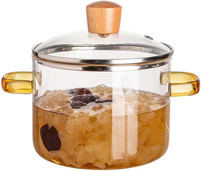 Glass Cooking Pot with Cover, Heat Resistant Glass Saucepan Cooking Pot and Pan with Lid, Glass Cookware Set Cooktop Safe for Pasta Noodle, Soup, Milk, Baby Food (Yellow wooden bead lid- 1700ml)