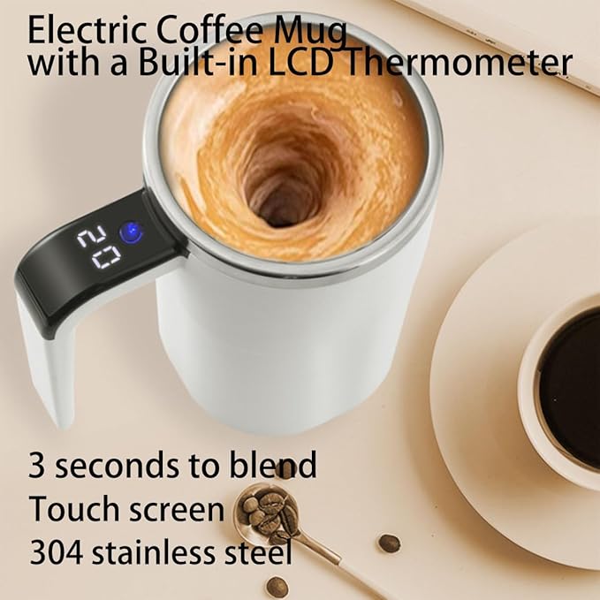 Electric Coffee Mug with a Built-in LCD Thermometer, Automatic Magnetic Stirring Coffee Mug, 380ML/13OZ, Stainless Steel Self Stirring Cup with Lid, Perfect for Brewing Coffe-e, Milk, Cocoa (Mix c)