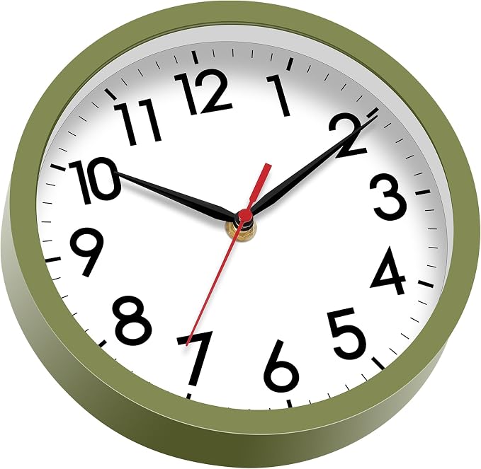 AKCISOT 8 Inch Wall Clock, Battery Operated Analog Clock, Silent Non-Ticking, Ideal for Bedroom, Bathroom, Kitchen, Office and School, Olive Green