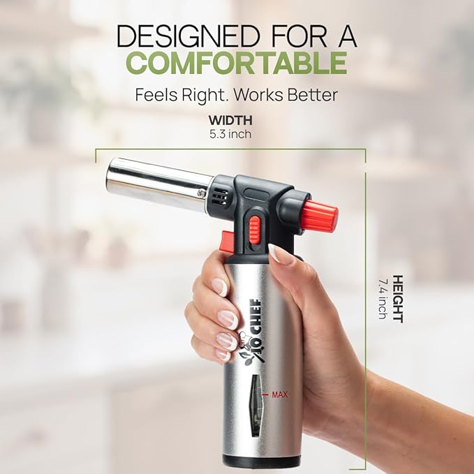Jo Chef Kitchen Torch with Butane Included – Refillable butane torch Lighter with Safety Lock & Adjustable Flame, Culinary Blow Torch for Cooking, Creme Brulee and Soldering 2 Cans (3.38oz) Included