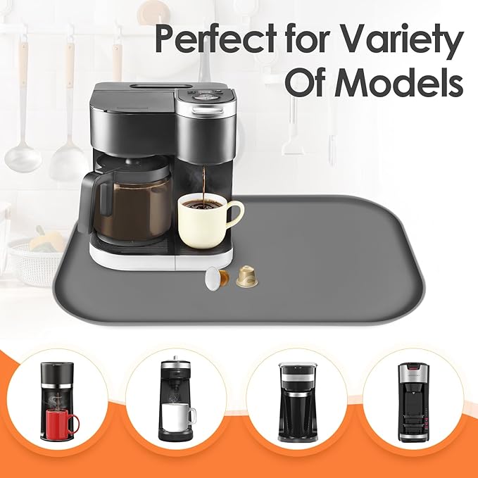 TOHONFOO Silicone Coffee Maker Mat with Lip, 24'' x 16'' Heavy Duty Coffee Maker Mat for Countertops, Coffee Tray Fit Under Coffee Machine Appliance Automatic Machines Espresso Accessory, Grey