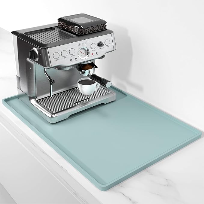 Rnivvi Silicone Coffee Mat, 16" x 24" Waterproof Raised Edge Coffee Bar Mats for Espresso Machine Station Accessories, Heat Resistant Dish Drying Pad for Kitchen Counter, Bar Decor Pad, Shadow Green