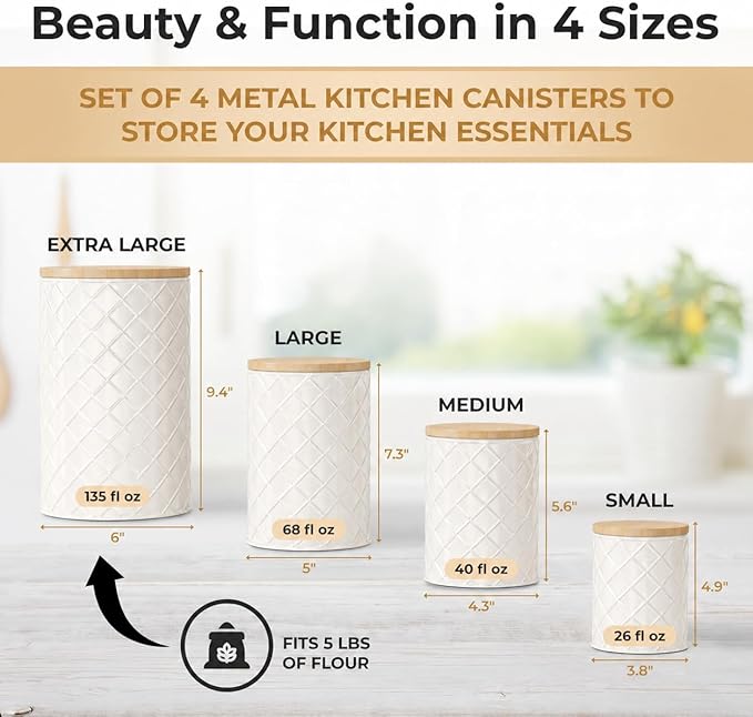 Pebble & Stem® Cream Metal Canister Set for the Kitchen Counter, Food Canister Set of 4, Airtight Lids, Sugar and Flour Containers for Countertops, Coffee and Tea Storage, Farmhouse Decor
