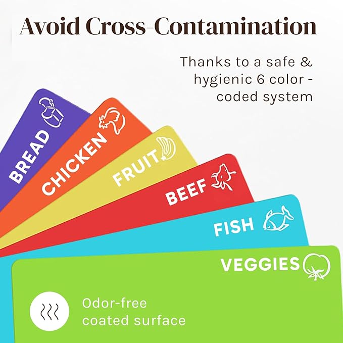 Extra Thick Flexible Cutting Board Mats Set of 6 for Kitchen, BPA Free Plastic Cutting Boards, Non-Slip Waffle Back, Dishwasher Safe, Color Coded with Food Icons, 15x12 Inch - Cooler Kitchen
