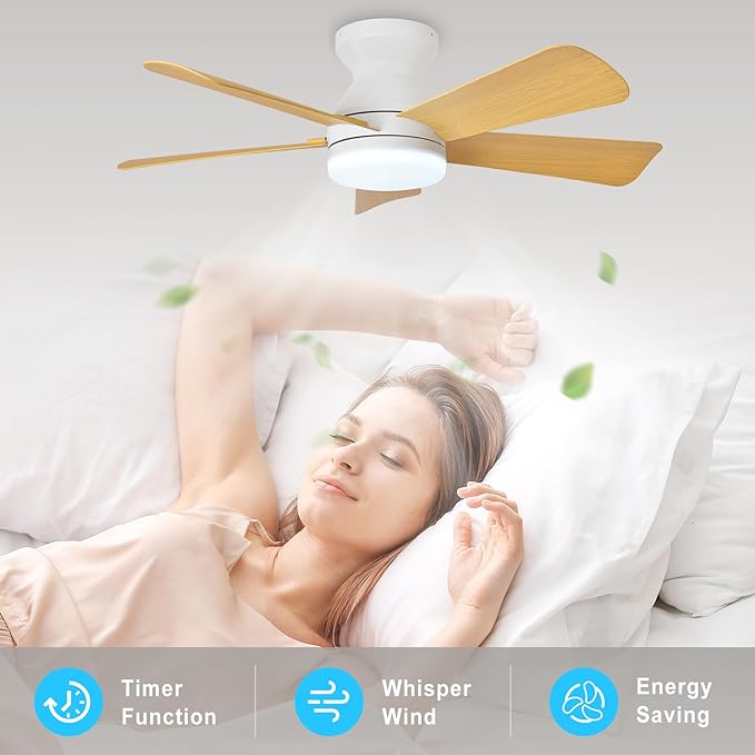 Depuley Modern Ceiling Fan with Light: 35-Inch White Small Fans for Bedroom Indoor Outdoor - Dimmable Low Profile Ceiling Fans with Remote Control Flush Mount 5 Reversible Wood Blades 6 Speeds Timer