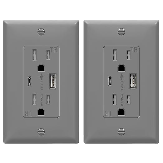 TOPGREENER 2-Port USB Outlet, Type C USB Wall Outlet, 15 Amp TR Receptacle Plug, Charging Power Outlet with USB Ports, Wall Plate Included, UL Listed, TU21536AC-GY-2PCS, Gray, 2 Pack