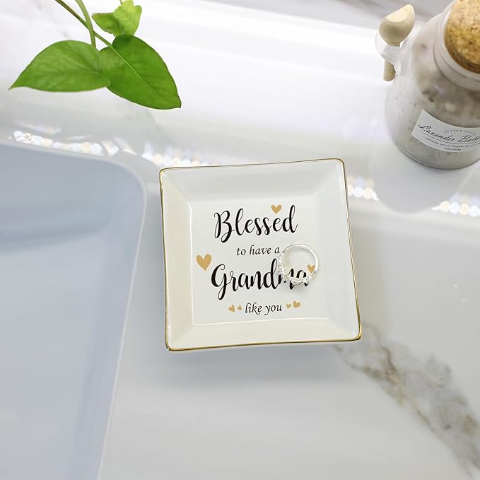 HOME SMILE Mother's Day Gifts for Grandma,Grandmother Ceramic Ring Jewelry Dish Tray Plate for Birthday Valentine's Christmas-Blessed to Have A Grandma Like You