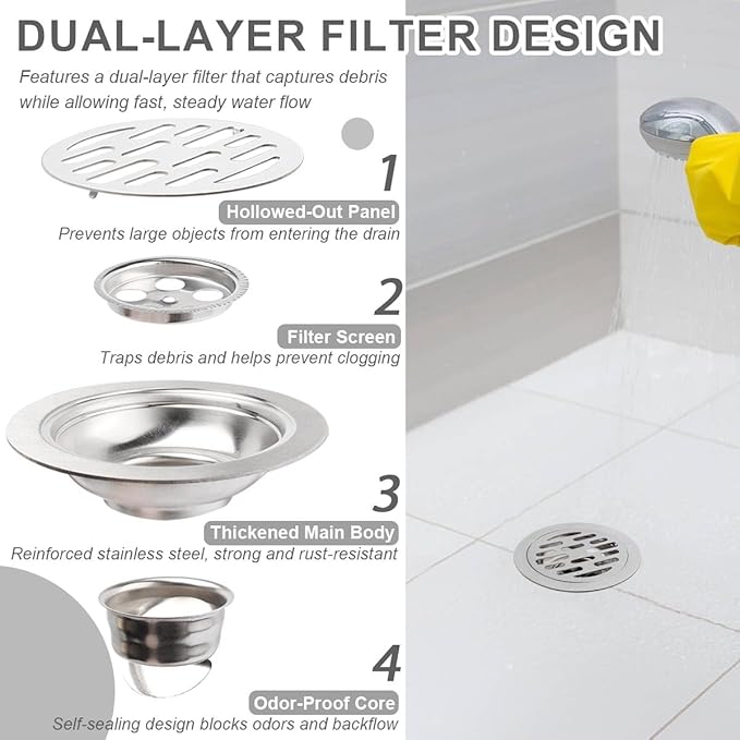 Odor Proof Floor Drain 4 Inch, Round Shower Drain Backflow Preventer, Quick Drainage Design, Stainless Steel