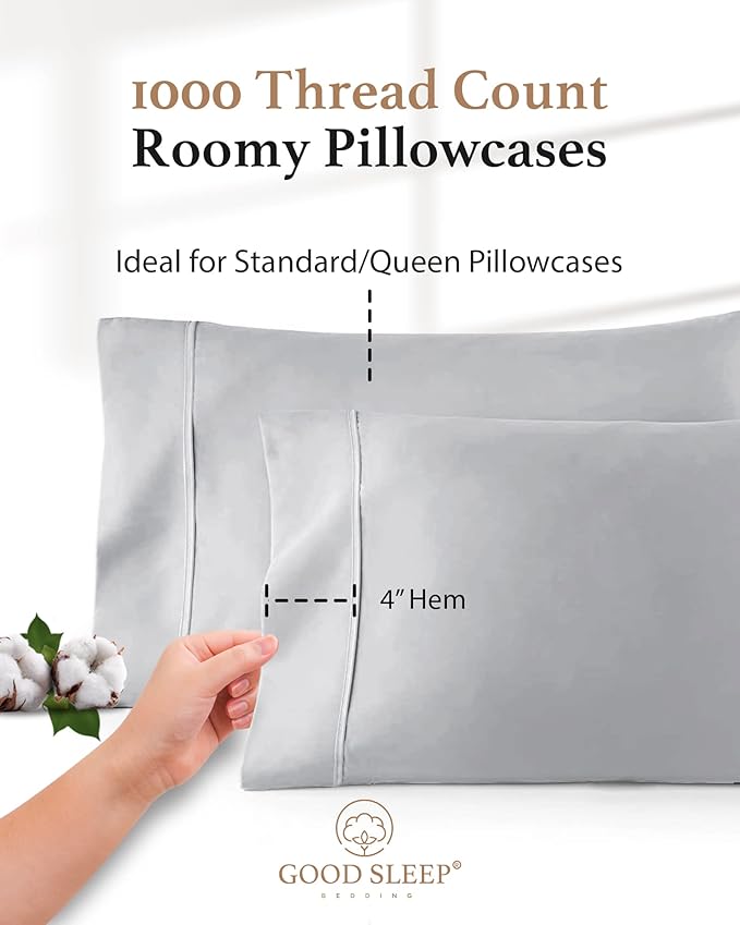 1000 TC Light Gray Standard Pillowcases Set of 4 100% Egyptian Cotton Pillow Cases with Long Staple Cotton & Sateen Weave, Silky Soft Hotel - Like Bed Pillow Covers for Comfy Sleeping, Snug Fit