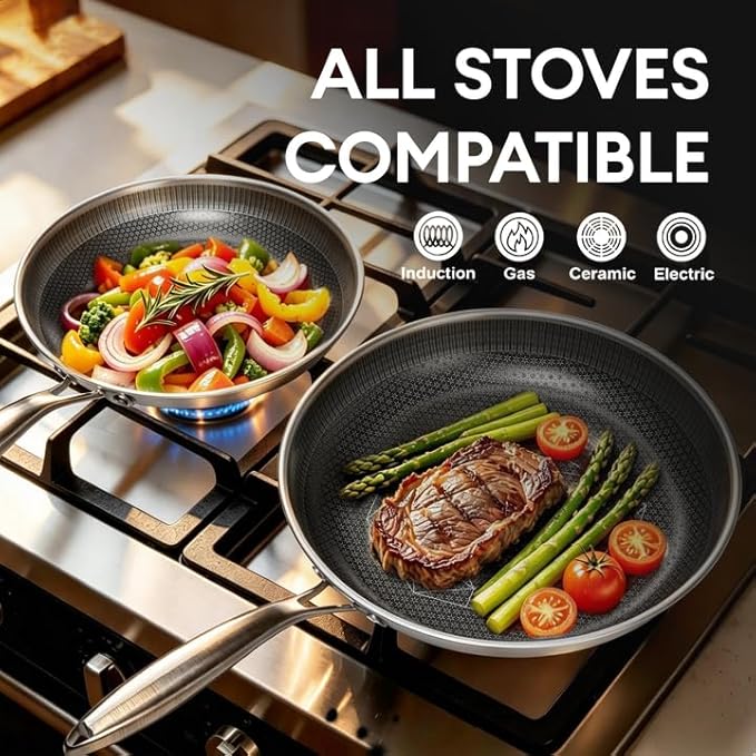 COOKER KING Stainless Steel Pans Set of 3 (8+10+12 Inch), Nonstick Frying Pans, Induction Pan Set, Chef's Pan, Skillets Dishwasher & Oven Safe, Stay-Cool Handles, Compatible with All Cooktops