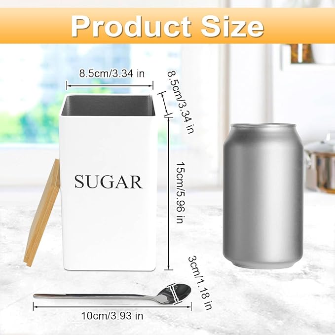 3 Pcs Tea Coffee Sugar Canisters, Black Metal Canister Storage Jar Container Set, Food Storage With 3 Spoons, Rust Resistant Powder Coated Iron Caddies for Kitchen Worktop Organizer (White)
