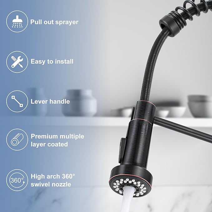 DJS Kitchen Faucets with Pull Down Sprayer Oil Rubbed Bronze -High Arc Single Handle 1 or 3 Holes Spring Kitchen Sink Faucet with Deck Plate for Farmhouse RV Vessel Basin