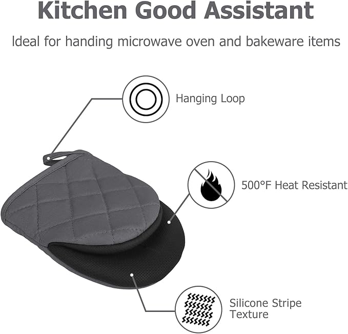 Short Oven Mitts, Heat Resistant 500°F, Silicone Grip Kitchen Gloves, Non-Slip for Baking, Grilling, BBQ, Machine Washable with Hanging Loop, 2-Pack Set, Cement Gray